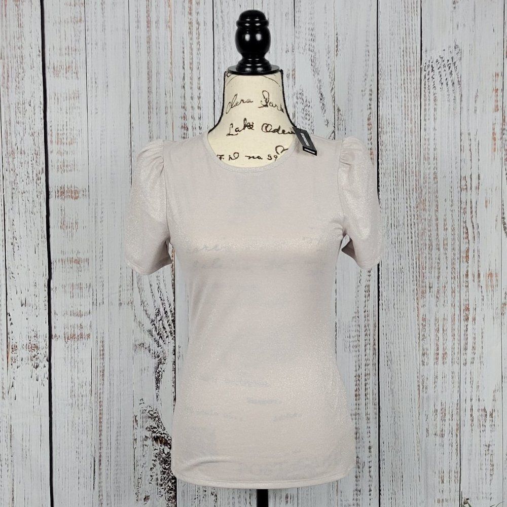 NWT Express Blush Pink XS Glitter Dressy Chic Classic Short Puffed Sleeve Blouse